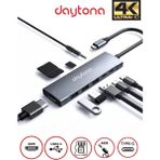Daytona BH09 Type-C To 3* USB 3.0 4K Full Hd HDMI Pd Şarj Sd Tf Kart Okuyucu Aux Kulaklık Çevirici Adaptör - Gri