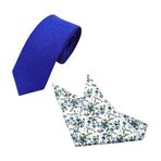 DB Dickie Bow Erkekler lüks pamuk sıska boyun kravat ve cep kare Set, Beyaz, Mavi ve Yeşil Çiçekli Cep Meydanı ile Parlak Kraliyet Mavisi Kravat, Tie Length: 147cm. Pocket Square: 23cm x 23cm
