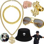 dcas 5 adet 80s 90s hip hop kostüm seti, rock yıldızı rapçi kostüm şapka seti, siyah kova şapka, altın dolar işareti zincir yüzük kolye, güneş gözlüğü, doğum günleri, karnaval partileri için uygun