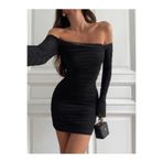 De Bijoura Kadın Siyah Omuzları Açık Drapeli Straplez Mini Elbise Uzun Kollu Esnek Kumaş Vücuda Oturan Şık Davet Parti Elbisesi Büzgülü Bodycon Mini Elbise Gece Elbisesi