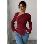 Deafox Bordo Asimetrik Yaka Detay Sırt İpli Uzun Kollu Krep Kumaş Bluz