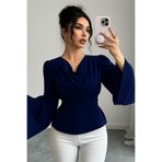 Deafox Lacivert Yuvarlak Yaka Detay Uzun Kollu Kendinden Kuşaklı Krep Kumaş Bluz