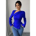 Deafox Saks Mavisi Asimetrik Yaka Detay Sırt İpli Uzun Kollu Krep Kumaş Bluz