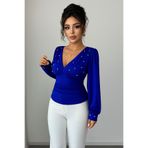 Deafox Saks Mavisi Kadın İnci Detay Uzun Kollu V Yaka Krep Kumaş Bluz