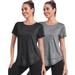 Deaviya Spor tişört, kadın, kısa kollu tişört, egzersiz üst giyim, yuvarlak yaka, atletik, rahat, koşu, yoga, fitness tişörtü, bol tişört, 2 adet, siyah+gri, XL