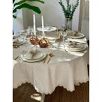 Decamor Home Keten Dokulu Oval Masa Örtüsü Gold Simli Ekru Dantel Detaylı Oval Masa Örtüsü (Peçete Dahil Değil) - 160 x 260 cm