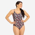 Decathlon Nabaiji Kadın Çapraz Sırt Detaylı Mayo - Siyah - Desenli - Lila - 8841198