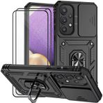 Dechyi Samsung Galaxy A55 5G için kırılmaz cam koruyucu folyo koruyucu kılıf kamera sürgüsü Case 360° döndürülebilir askeri stant darbeye dayanıklı kapak siyah