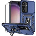 Dechyi Samsung Galaxy S24 için Kılıf Kırılmaz Cam Koruyucu Folyo Koruyucu Kılıf Kamera Sürgüsü Kılıf 360° Dönebilir Askeri Stand Darbeye Dayanıklı Kılıf Mavi