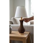 Decodelight Gold Ayak Beyaz Hasır Rattan Örmeli Gövde Hazeran ve Kumaş Şapkalı Bohem Abajur Masa Lambası
