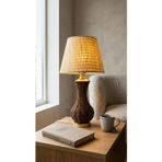 Decodelight Gold Ayak Kahverengi Hasır Rattan Örmeli Gövde Hazeran ve Kumaş Şapkalı Bohem Abajur Masa Lambası