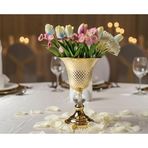 Decodelight Gold -Krom Dekoratif Desenli Metal Ayak Kristal Taş 20 cm Çapında Salon Düğün Nişan Vazo Masa Dekor