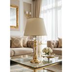Decodelight Shine Model Gold Metal Yüksek Ayaklı Kristal Taşlı Açık Krem Gold Şerit Şapkalı Abajur Masa Lambası