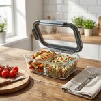 Deconox 1500 ML Büyük Boy İki Bölmeli Cam Saklama Kabı, Sızdırmaz Kilitli Kapaklı Yemek Beslenme Kutusu, Fırına Girebilen Borosilikat Cam Lunch Box Sefer Tası