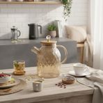 Deconox 1600 ML Kristal Desenli Isıya Dayanıklı Cam Demlik - Ahşap Kapaklı, Gold Detaylı Büyük Boy Borosilikat Çaydanlık