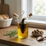 Deconox 2'si 1 Arada Cam Yağlık ve Sirkelik - İç İçe Geçmeli Çift Hazneli Dekoratif Sosluk - Mantar Kapaklı Zeytinyağı ve Sirke Şişesi (240ml + 60ml)