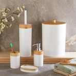 Deconox 5 Parça Lüx Bambu Görünümlü Banyo Seti | 10 Litre Çöp Kovası ve Antibakteriyel Tuvalet Fırçası (BEYAZ)