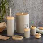 Deconox 5 Parça Lüx Bambu Görünümlü Banyo Seti | 10 Litre Çöp Kovası ve Antibakteriyel Tuvalet Fırçası (KREM)