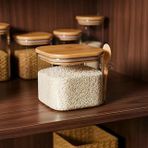 Deconox 600 Ml Bambu Kapaklı Kaşıklı Kare Cam Kavanoz, Vakumlu Ahşap Kapaklı Baharatlık, Kendinden Kaşık Yuvalı Şeker, Kahve Banyo Tuzu Saklama Kabı