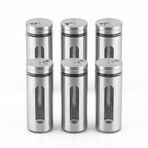 Deconox 6'lı Set Metal Kaplı Cam Baharatlık, 14 cm - Şeffaf Pencereli, Döner Kapaklı, Paslanmaz Çelik Görünümlü Tuzluk ve Baharat Takımı
