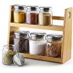 Deconox 8 Parça Borosilikat Cam Baharatlık Seti (700 Ml) - Paslanmaz Çelik Kapaklı Bambu Kapak Sçenekli 2 Katlı Bambu Standlı Tezgah Üstü Erzak Kabı Mutfak Düzenleyici Organizer (Bambu Kapak)