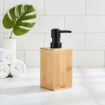 Deconox Bambu Sıvı Sabunluk | Ahşap El Sabunu, Losyon ve Şampuan Dispenseri | Modern Banyo, Mutfak ve Lavabo Düzenleyici (255ml) | Kare Bambu Sıvı Sabunluk | Mat Siyah Pompalı Ahşap Sabun Şişe