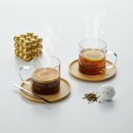 Deconox Bambu Tabaklı 2'li Cam Fincan Seti 150 ml - Yuvarlak/Kare Seçenekli Borosilikat Bitki Çayı ve Double Kahve Fincanı (YUVARLAK TABAKLI)