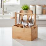 Deconox Bambu Taşıma Kulplu Çok Amaçlı Düzenleyici - 6 Bölmeli Çatal Bıçaklık | Ofis, Banyo ve Masaüstü Caddy Organizer (21.6x14x12.7 cm)