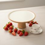 Deconox Mango Ağacı Ayaklı Kek Standı ve Sunum Tabağı - Krem Emaye İç Yüzeyli Doğal Ahşap Pasta Servisliği - 30 cm Çapında Dekoratif Yükseltici ve Peynir Tabağı