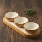 Deconox Mango Ağacı Standlı 3'lü Kase Seti - İçi Emaye Kaplama Doğal Ahşap Çerezlik ve Sosluk - 30 cm Sunum Tepsili Dekoratif Set (DÜZ DESEN)