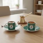Deconox Özel Kutulu 2'li Porselen Türk Kahvesi Fincan Takımı - Kuş ve Kelebek Desenli Kırmızı/Yeşil Renk Seçenekli Hediyelik Fincan 90 ve 100cc Seçenekli (YEŞİL, 90CC, KUŞ)