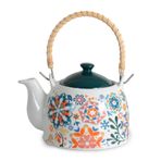 Deconox Porselen Çini Piraye Demlik - Bambu/Hasır Saplı, Ateşe Dayanıklı Nostaljik Bitki Çayı ve Çay Demliği (900 ml - 2 Farklı Desen Seçeneği) (SPRING)