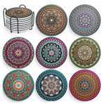 Decopom Mandala bardak altlığı tutuculu - 8 set seramik bohem bardak altlığı içecekler için emici mantar tabanı ve siyah tutucu ile - Sehpa Apartmanı için bardak altlıkları ahşap bar kupalar bardak bardak