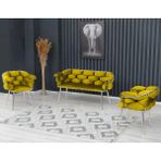 Decoraks Balon Çay Seti Takımı Gri Koltuk Takımı Oturma Odası Kafe Antre Hol Ofis 2+1+1 Krom Metal - Hardal