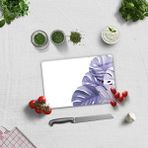 Decorita Cam Kesme Tahtası - Cam Kesme Tablası | Mor Yapraklar Beyaz Fon | 20cm x 30cm - 20 x 30 cm