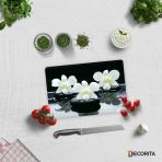 Decorıta Cam Kesme Tahtası| Siyah Fon Beyaz Orkideler