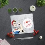 Decorita I Love U Mom | Gri Temalı | Cam Kesme Tahtası - Cam Kesme Tablası | 29CM x 34CM - 1 Adet