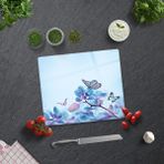 Decorita Mavi Çiçek ve Kelebek Desenli | Cam Kesme Tahtası - Cam Kesme Tablası | 29cm X 34cm - 29 x 34 cm