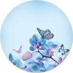 Decorita Mavi Çiçek Ve Kelebek Desenli | Cam Kesme Tahtası - Cam Kesme Tablası | Çap 32cm - 32 cm