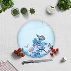 DECORITA Mavi Çiçek ve Kelebekler | Cam Kesme Tahtası (Çap 32cm)