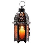 DECORKEY Vintage Büyük Boy Dekoratif Mum Ramazan Fener, 12.8'' Fas Tarzı Asılı Fener, Metal Masa Üstü Fener Dekoru, Açık Veranda için Mumluklar (Kehribar)