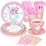 DECORLIFE Çay Partisi Malzemeleri 16 Servis Sunar, Çay Partisi Tabakları ve Peçete Takımları Kağıt Tabakları, Saplı Çay Fincanları, Kız Çocuk Doğum Günü için Sofra Takımı, Bebek Duşu, Toplam 128 ADET