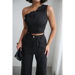 Ded COLLECTION Kadın Çiçek Detaylı Tek Omuz Crop Bluz & Yüksek Bel Bol Paça Pantolon Takım