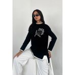 Ded Collection Kadın Göğüs Çiçek Nakışlı Triko Tunik - Siyah