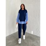 Ded Collection Kadın Mavi Beyaz Çizgili Modern Tasarım Uzun Kollu Gömlek Detaylı Sweatshirt Modal Takım