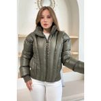 Ded Collection Kadın Parlak Kumaş Kısa Boy Yüksek Yaka Fermuarlı Trend Şişme Mont - XL - 301-Haki