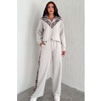 Ded COLLECTION Kadın Scuba Kumaş Leopar Desen Şeritli Önü Yarım Fermuarlı Sweatshirt Bol Paça Eşofman Takım