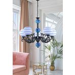 Dede Beş Kollu Zamak Avize Siyah Mavi Çizgili Beyaz Camlı Mavi Çinili 71x99 cm