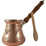 DEDE Copper - PCZ Serisi (Large-14fl.oz) - Ahşap Saplı En Kalın Katı Bakır Oymalı/Dövülmüş Türk Yunan Arap Kahve Demliği, Ocak Üstü Kahve Makinesi Cezve, Jezve, Jazva, Ibrik, Briki (Parlak)