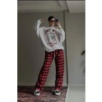 DEEFWEAR Harajuku Kırmızı Siyah Kare Desenli Eşofman Altı /Pantolon